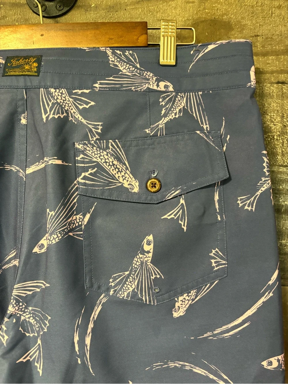 Faherty Navy Board Shorts with Pink Fish Print 34x7” inseam Like New